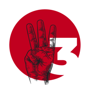 Ręka na czerwonym tle pokazująca cyfrę trzy